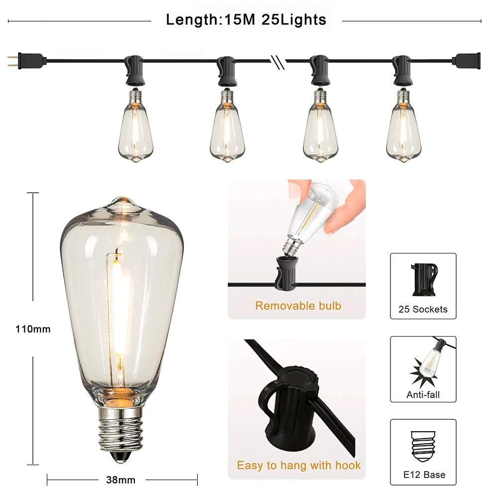 Outdoor String Light ST38 Patio Hanging Lights for Garden Outside Backyard Porch LED String Lights US Plastic Shatterproof Bulb